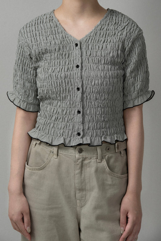 button point v neck shirring blouse