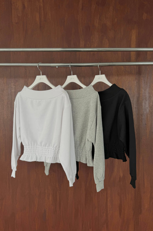 shirring design off shoulder pullover