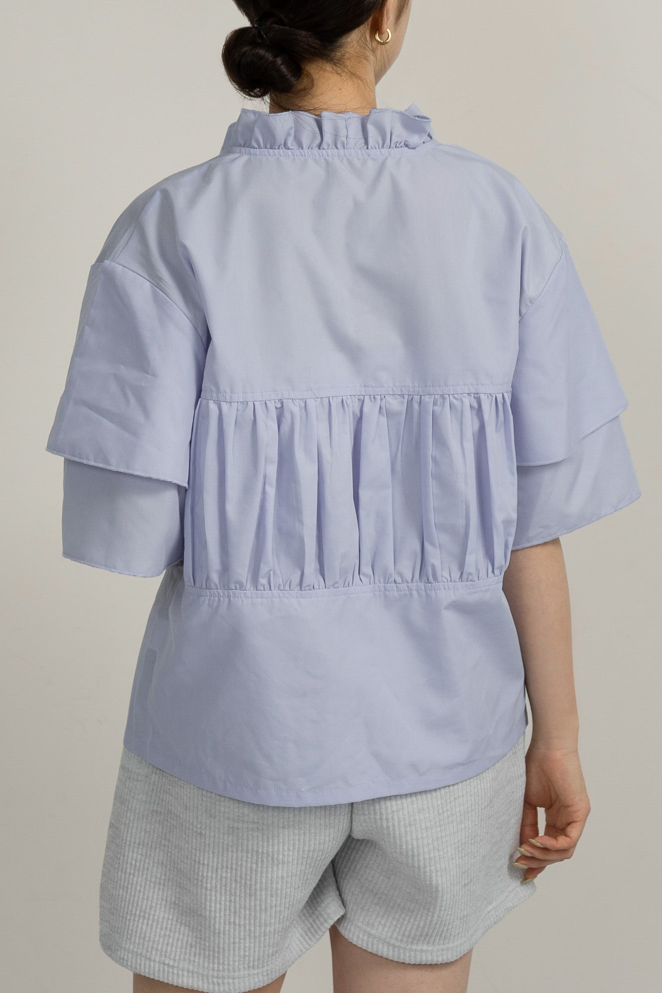 v frill line gather ribbon blouse