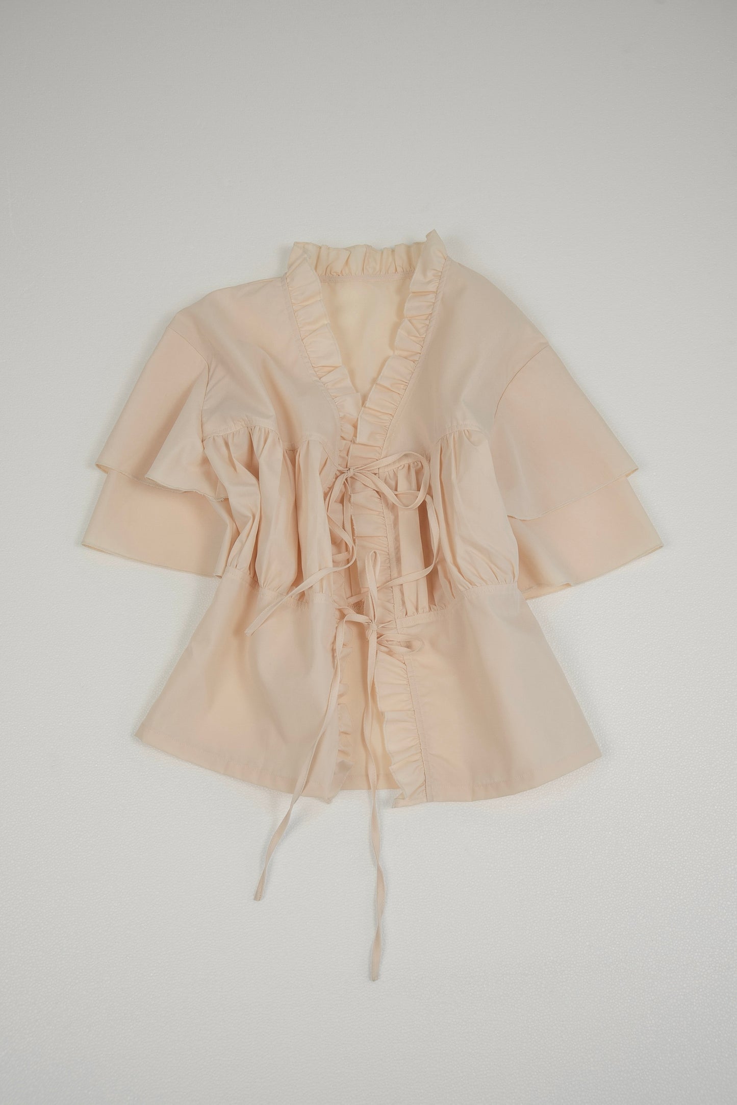 v frill line gather ribbon blouse