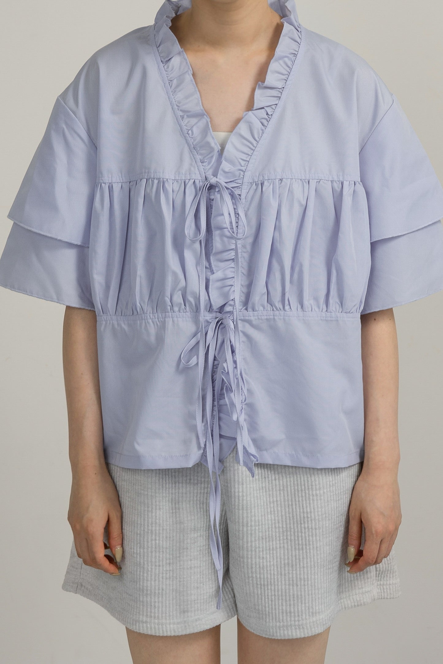 v frill line gather ribbon blouse