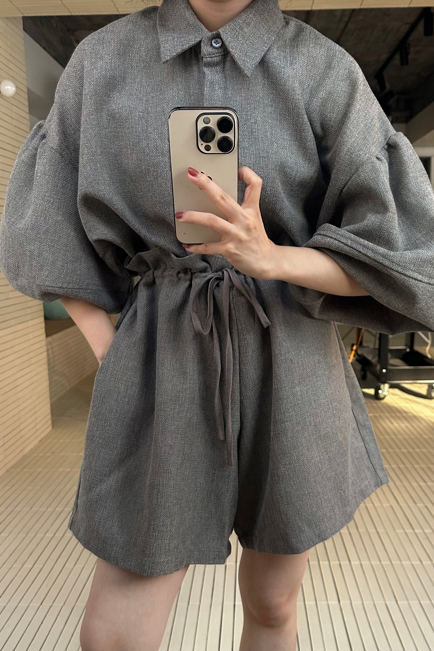 volume sleeve waist gather combinaison