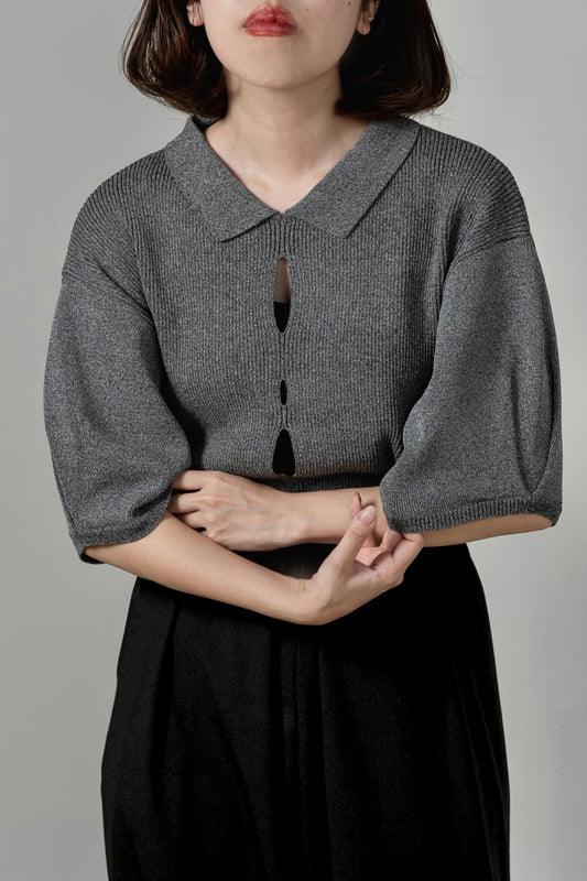 perforated collar puff sleeve knit
