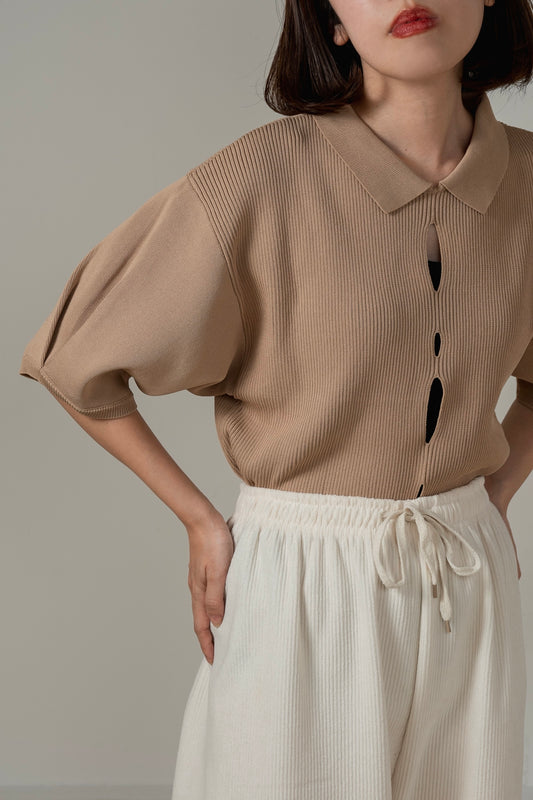 perforated collar puff sleeve knit