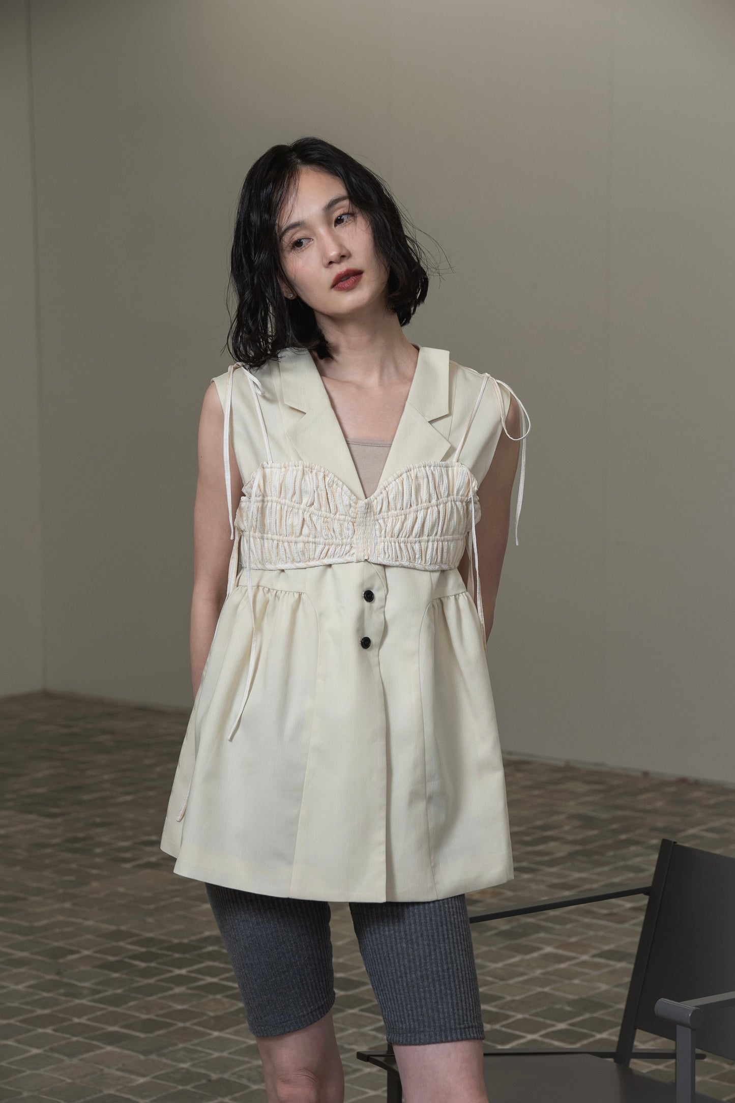 string ribbon gather stripe bustier