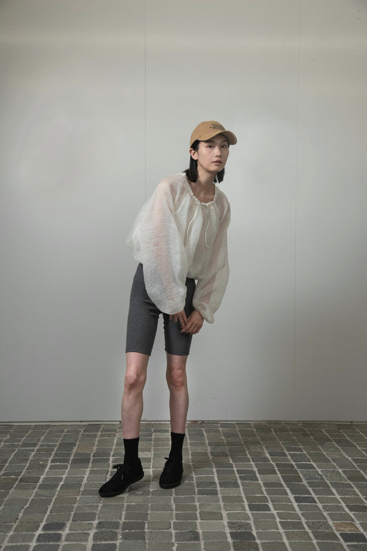 hem balloon volume sheer blouse