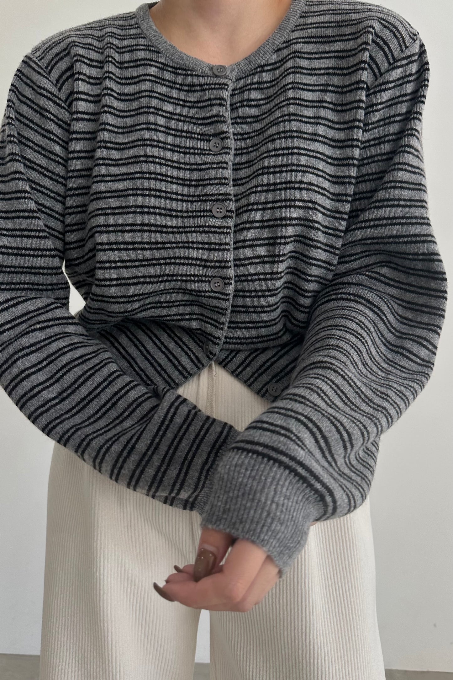 horizontal stripe crew neck cardigan
