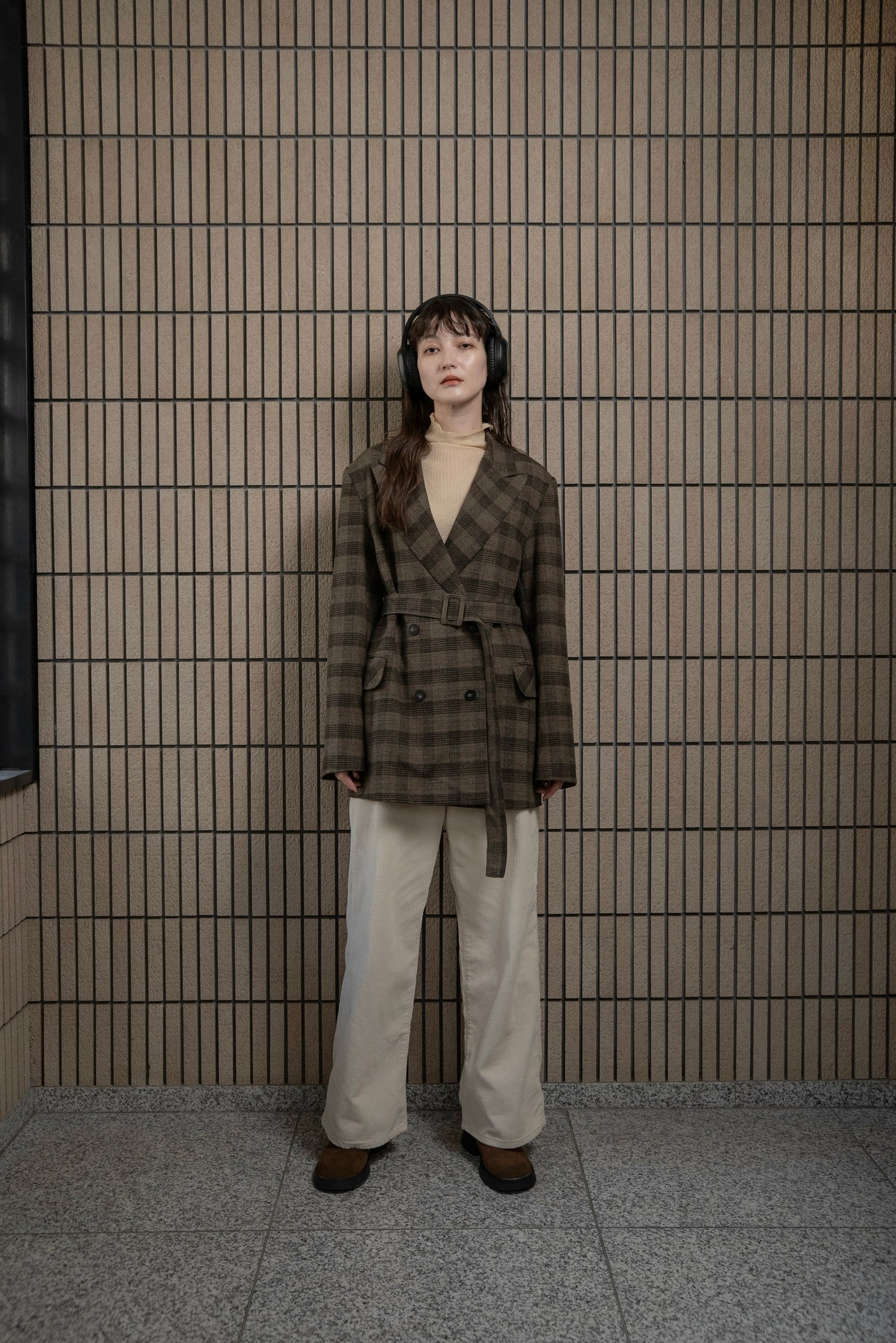 belted check jacket