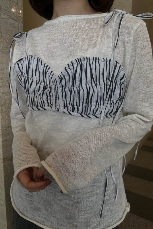string ribbon gather stripe bustier