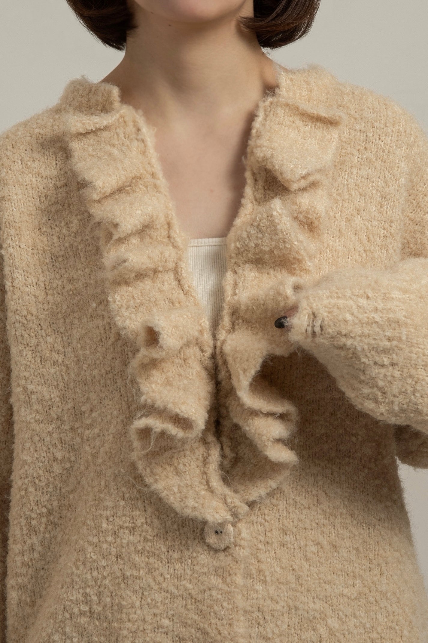 2way ruffle front button cardigan【eim plus+限定アイテム】