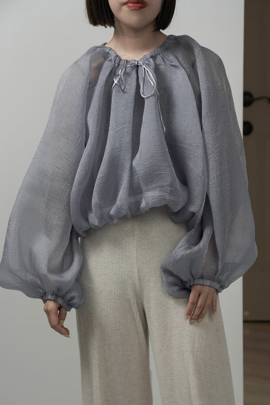 hem balloon volume sheer blouse
