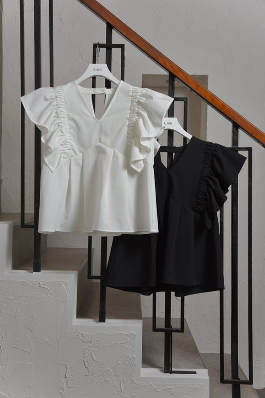 v neck shoulder frill blouse