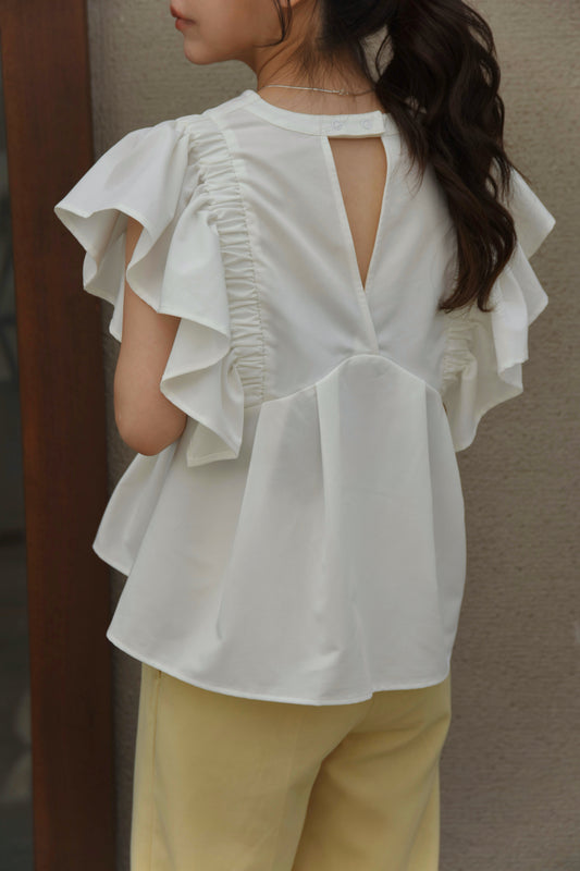 v neck shoulder frill blouse
