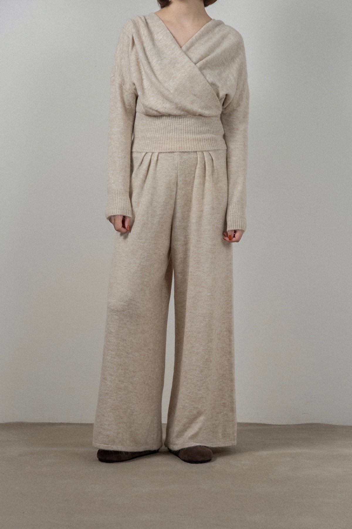 draped wrap neck pants knit setup