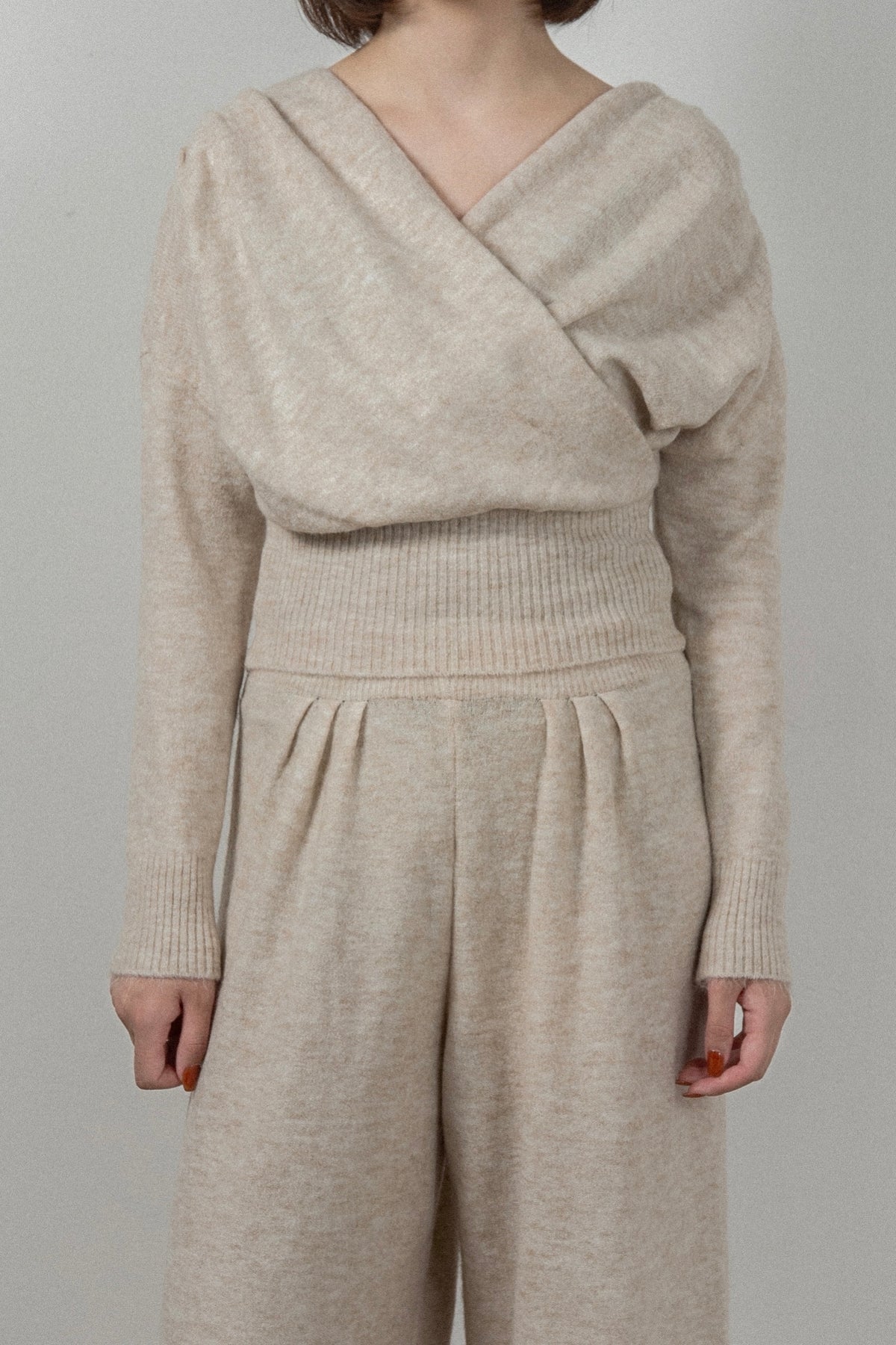 draped wrap neck pants knit setup