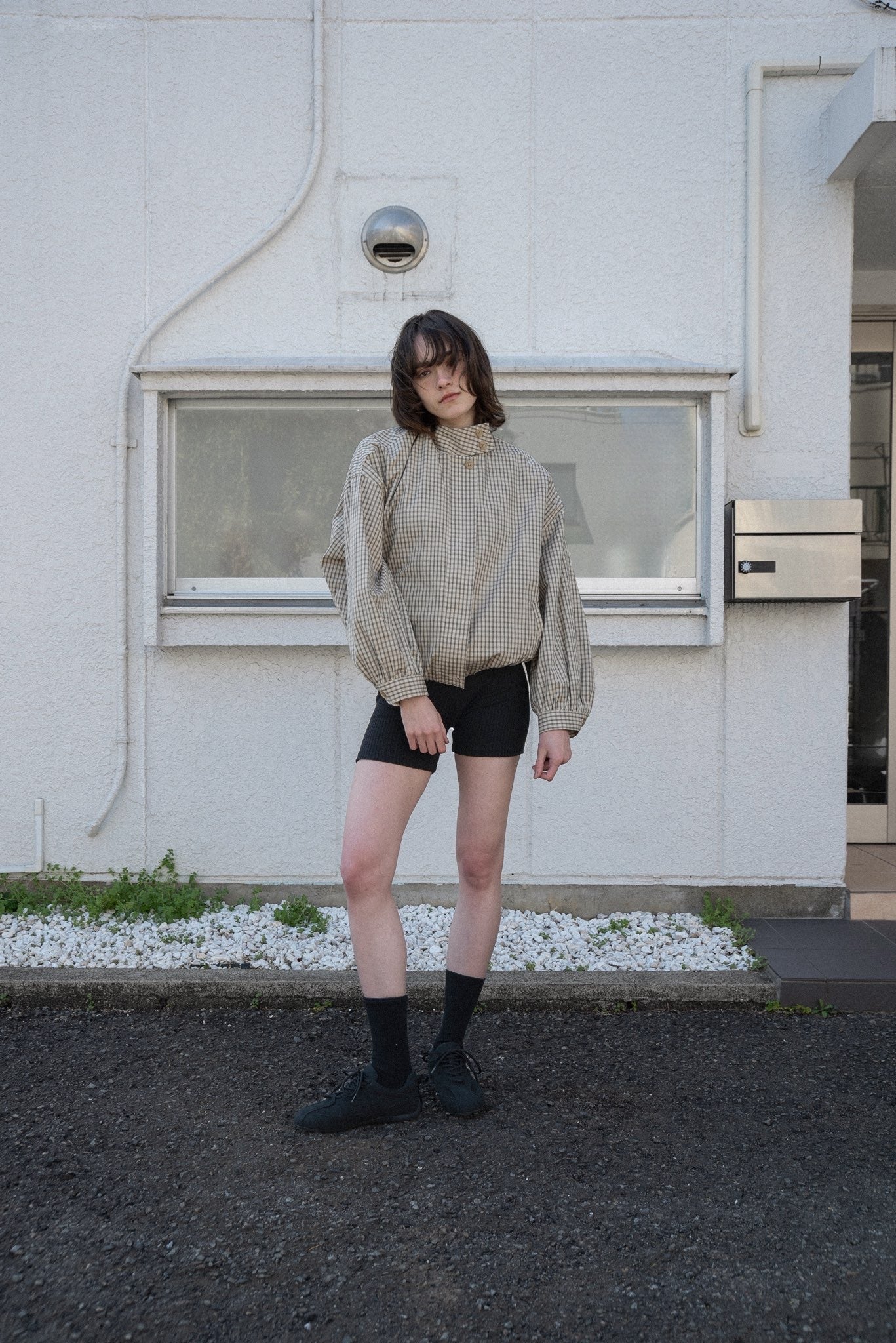 check stand collar blouson