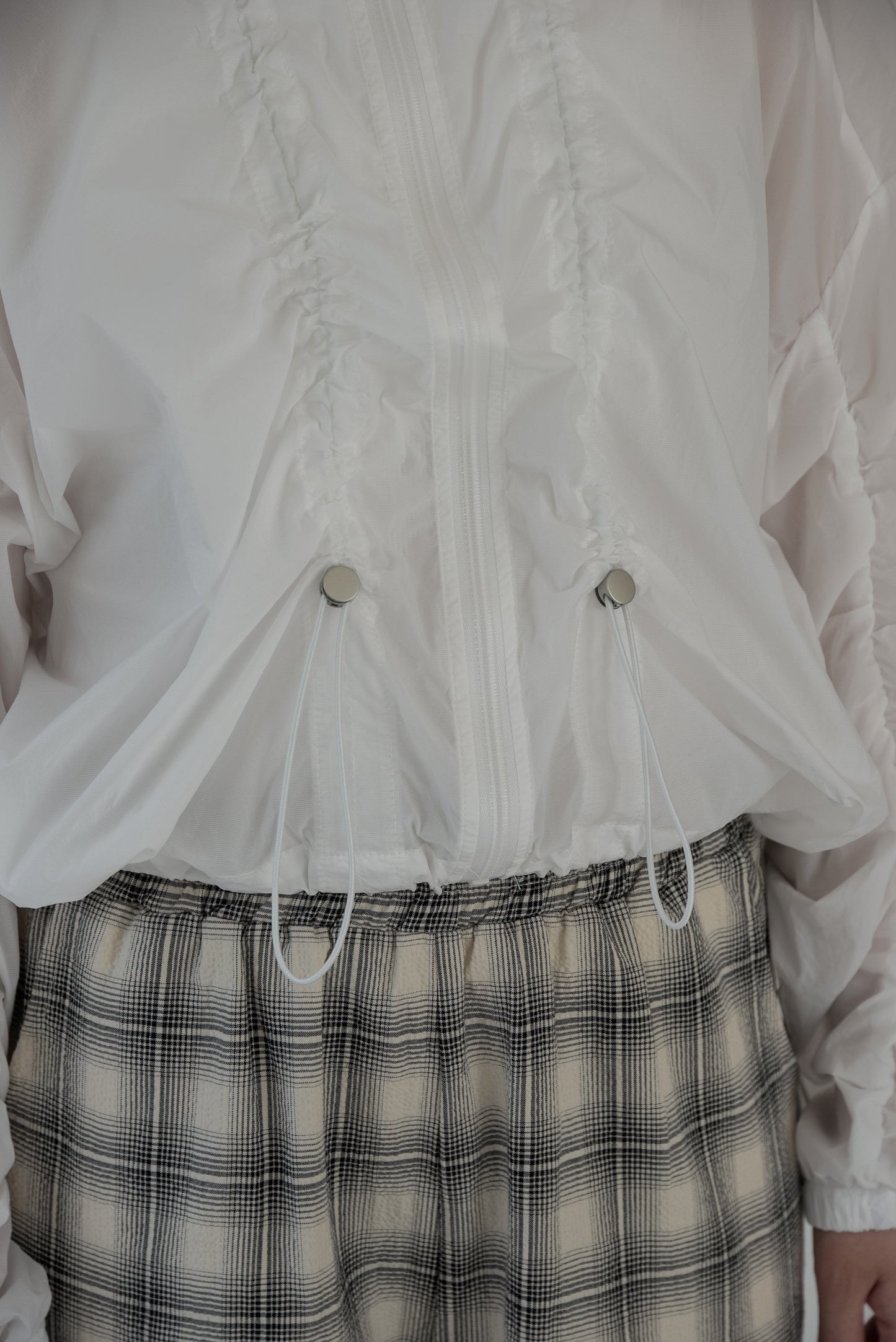 shirred sleeve front drawstring blouson