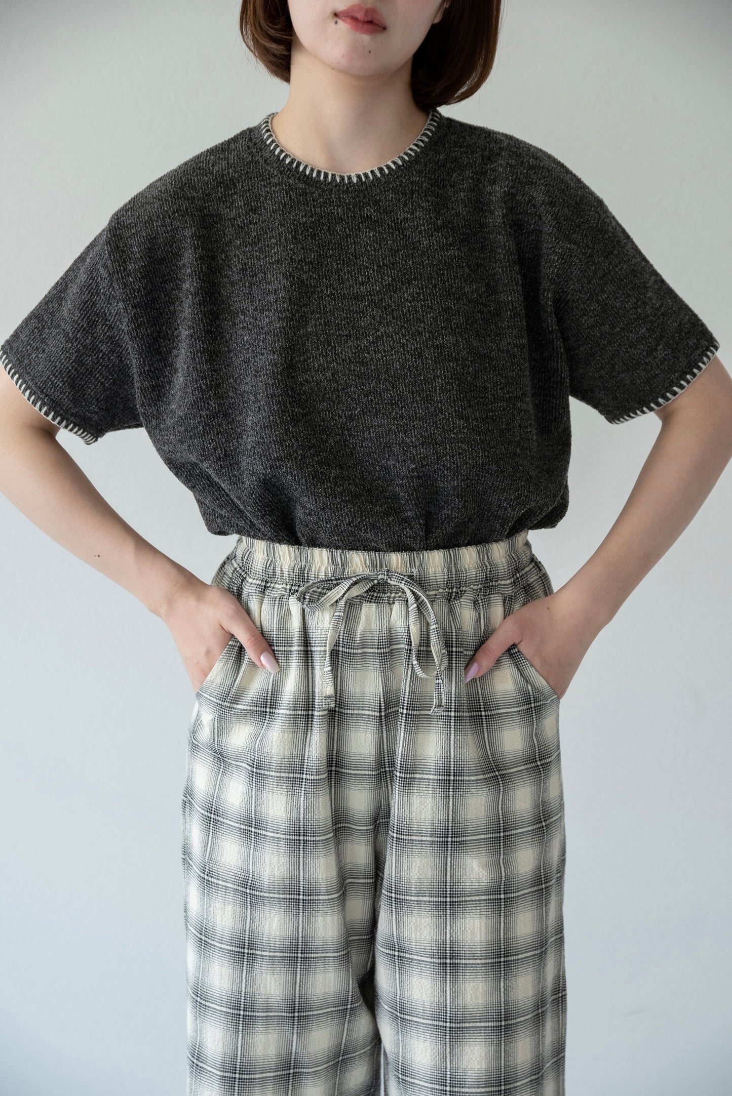 blanket stitch short sleeve knit tops