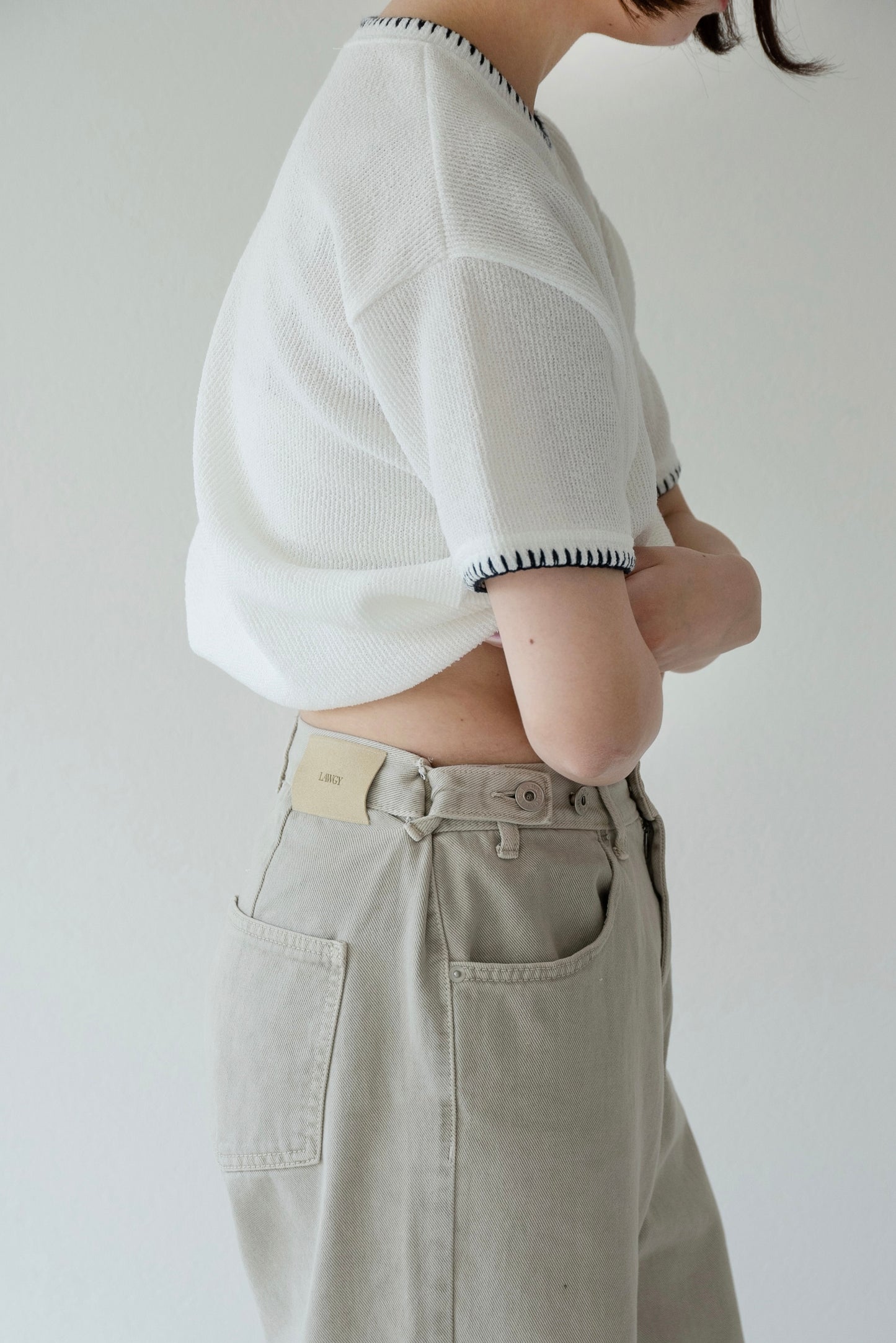 blanket stitch short sleeve knit tops