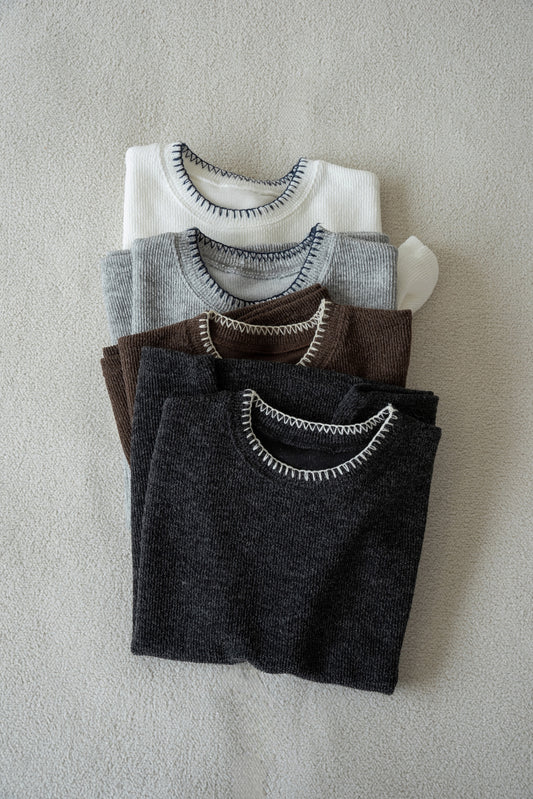 blanket stitch short sleeve knit tops