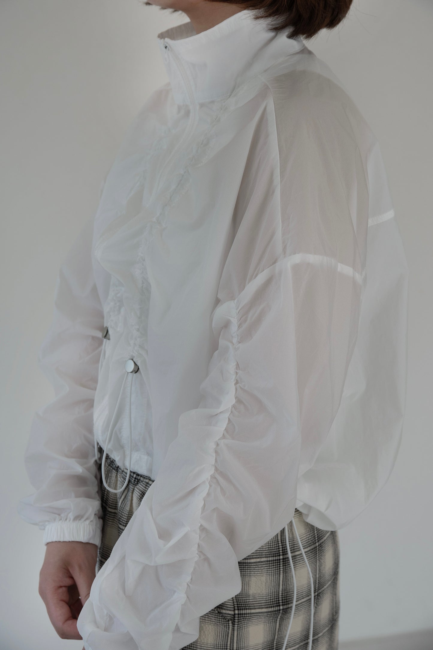 shirred sleeve front drawstring blouson