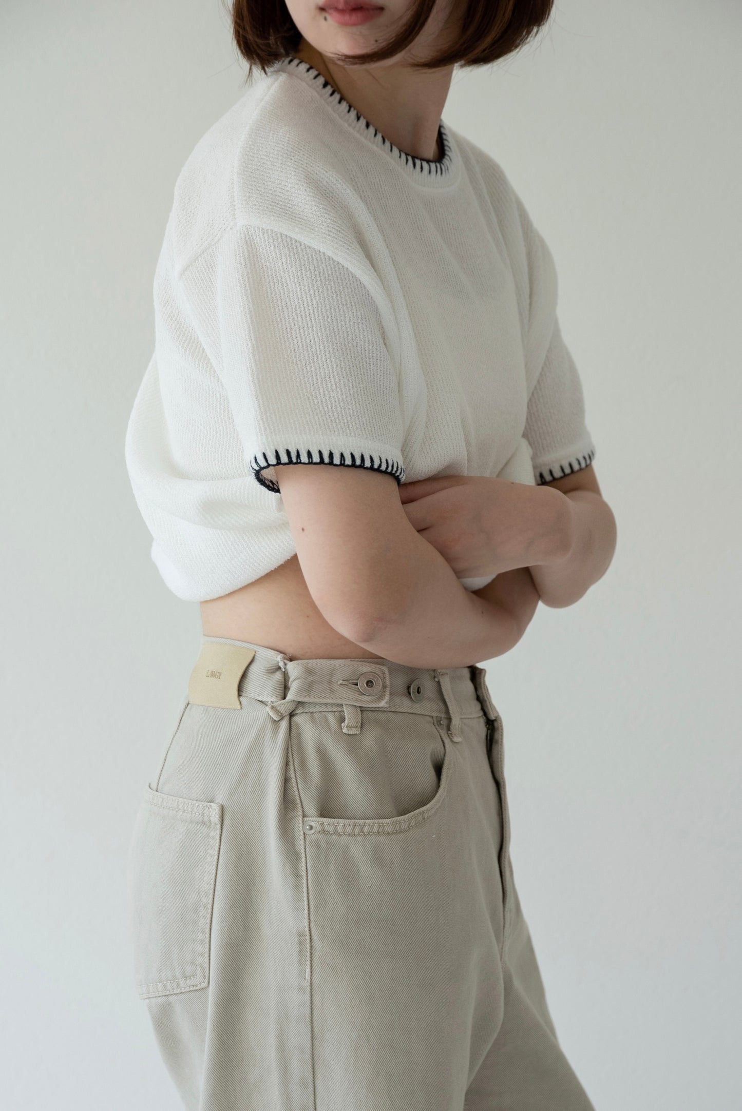 blanket stitch short sleeve knit tops