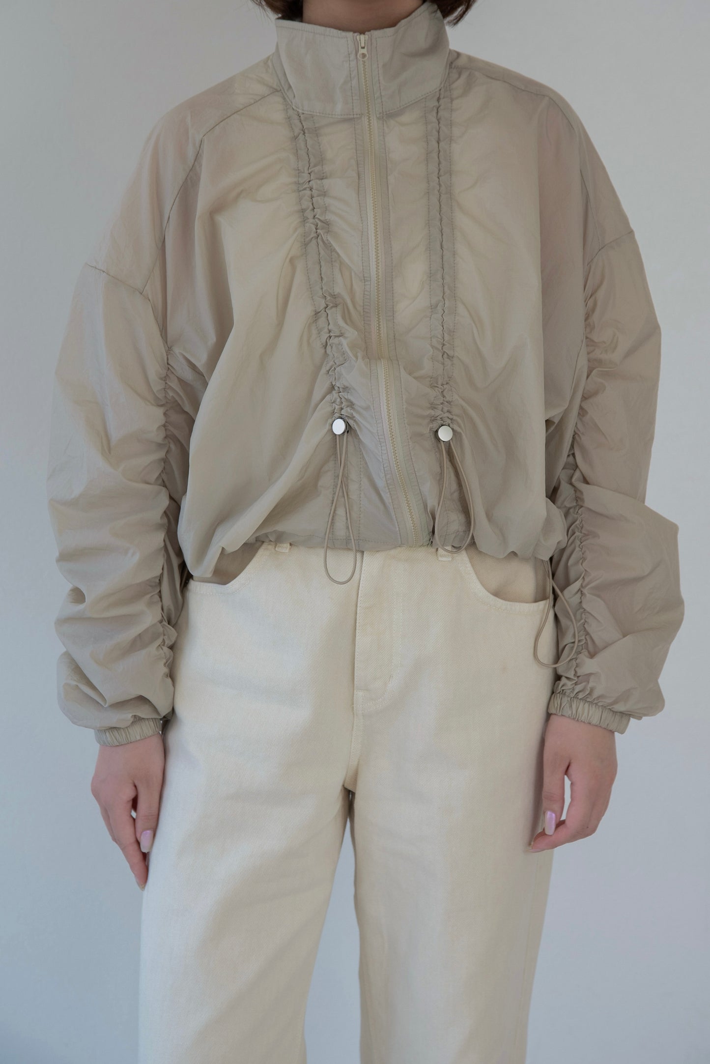shirred sleeve front drawstring blouson