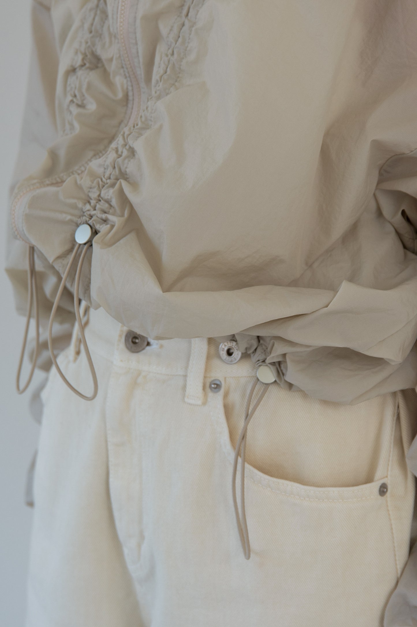 shirred sleeve front drawstring blouson