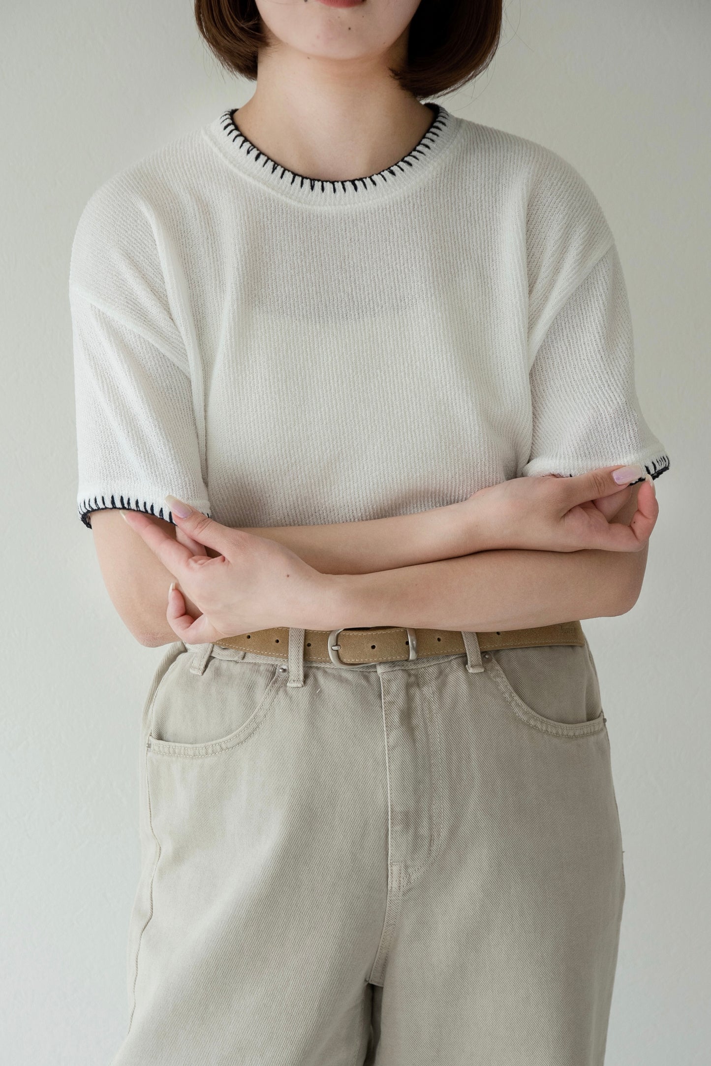 blanket stitch short sleeve knit tops