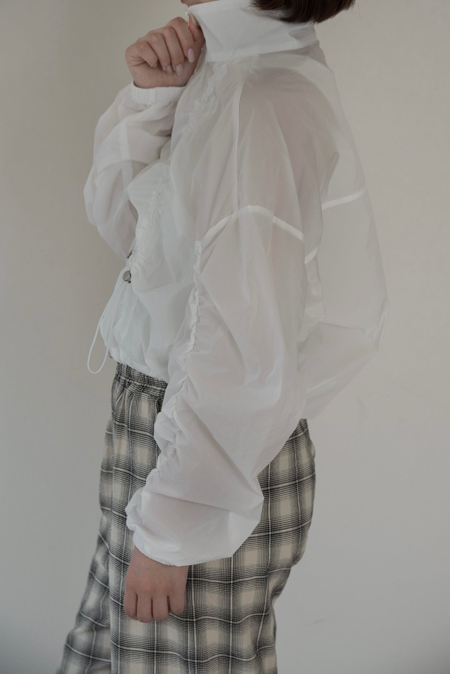 shirred sleeve front drawstring blouson