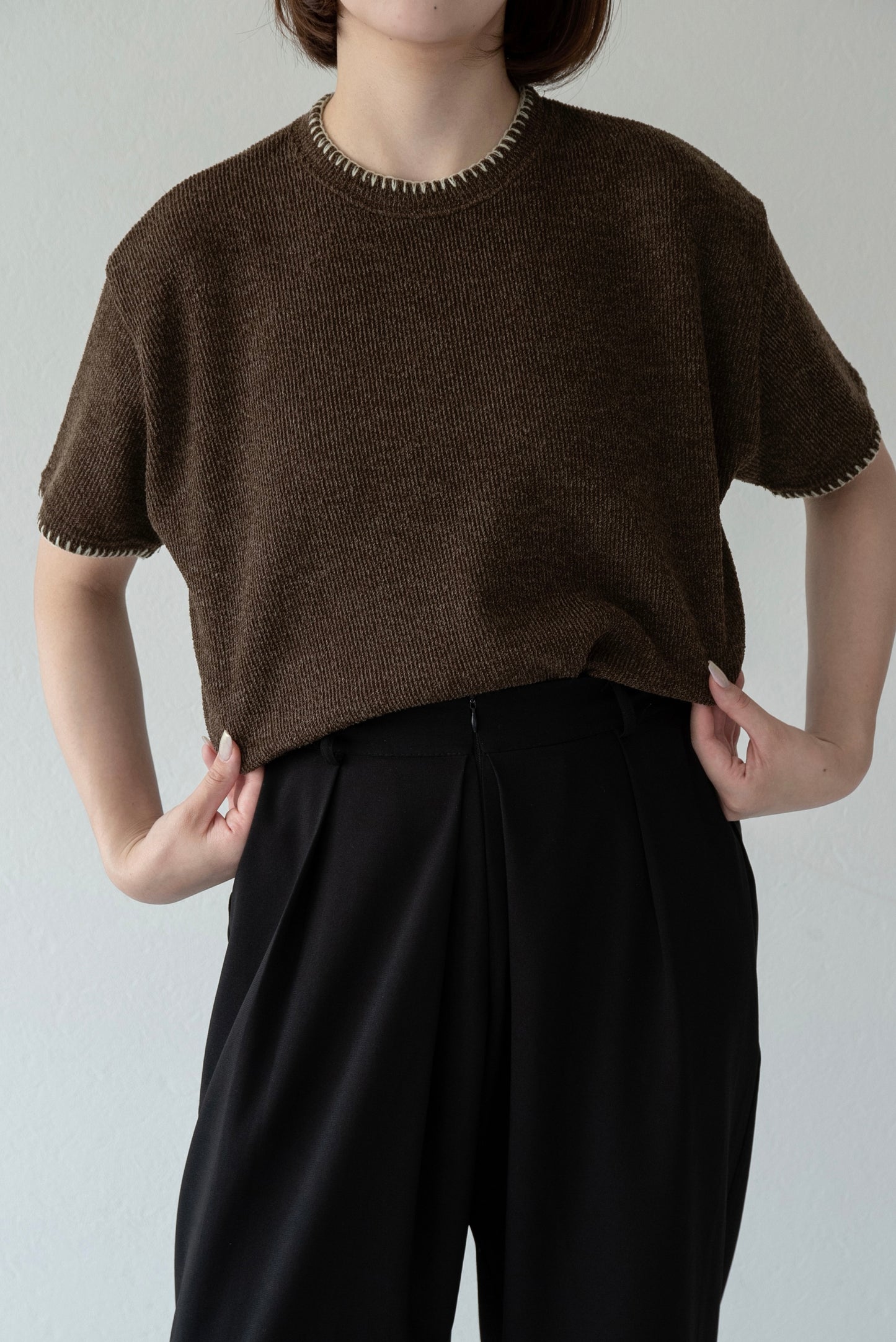 blanket stitch short sleeve knit tops
