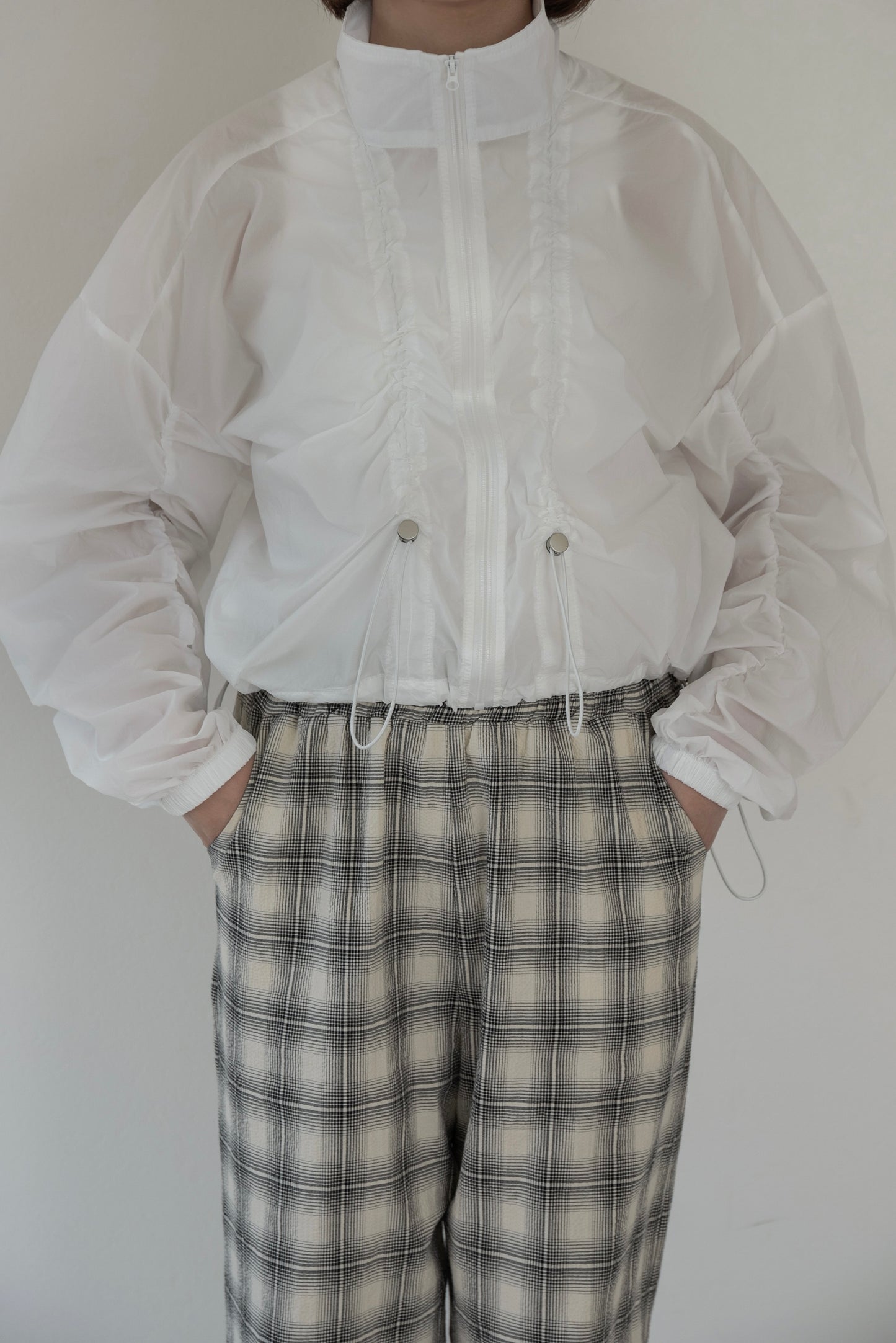 shirred sleeve front drawstring blouson