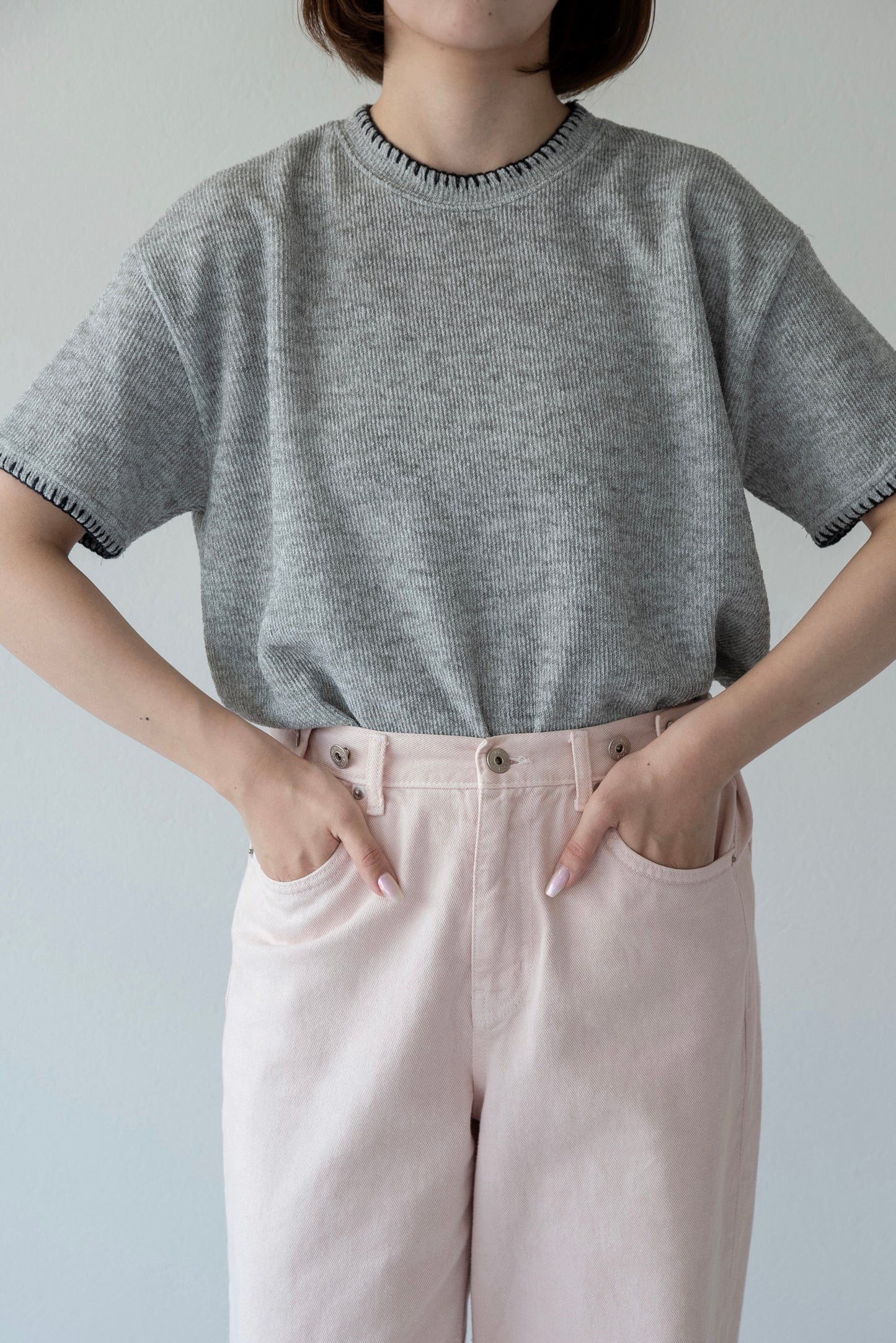 blanket stitch short sleeve knit tops