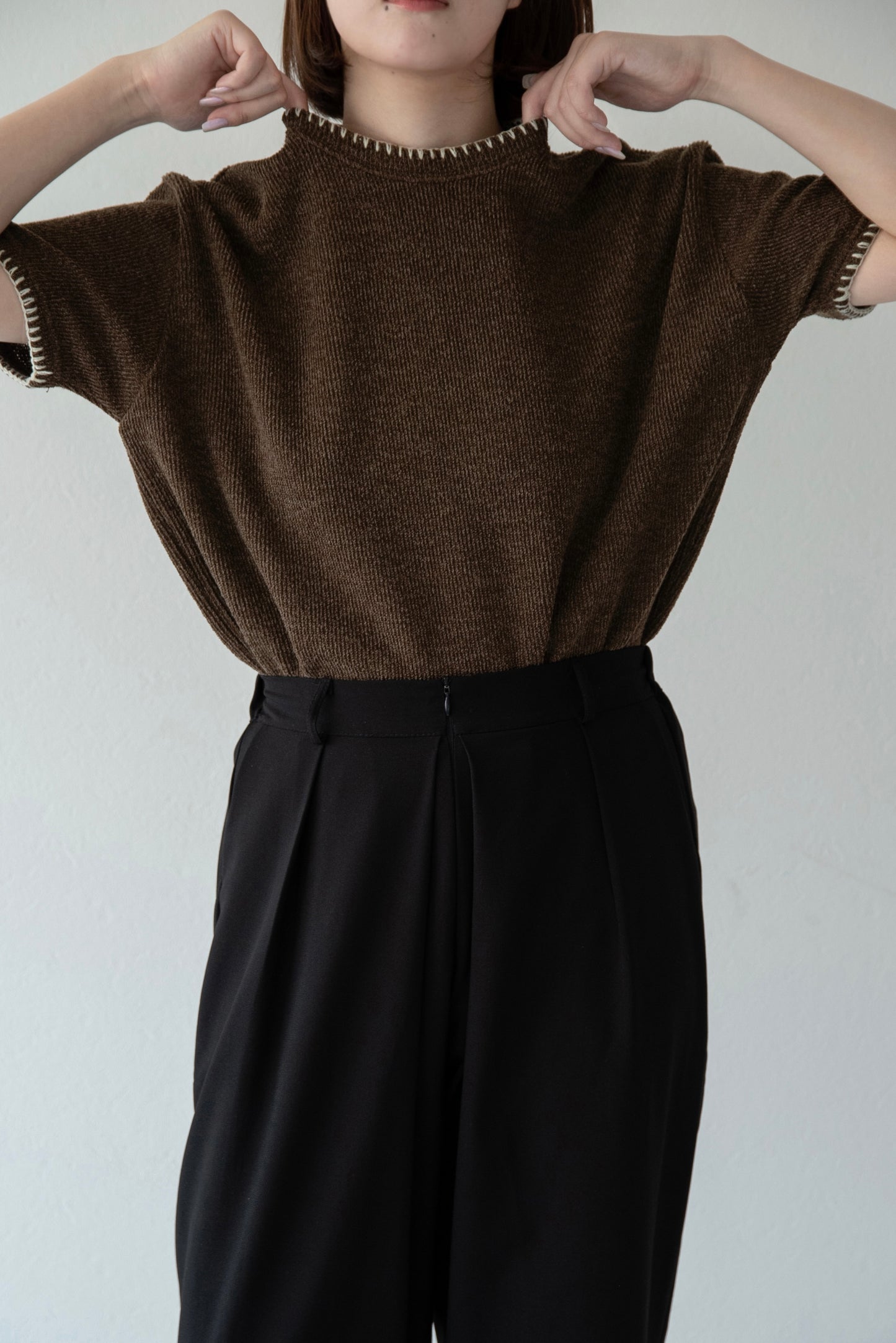 blanket stitch short sleeve knit tops