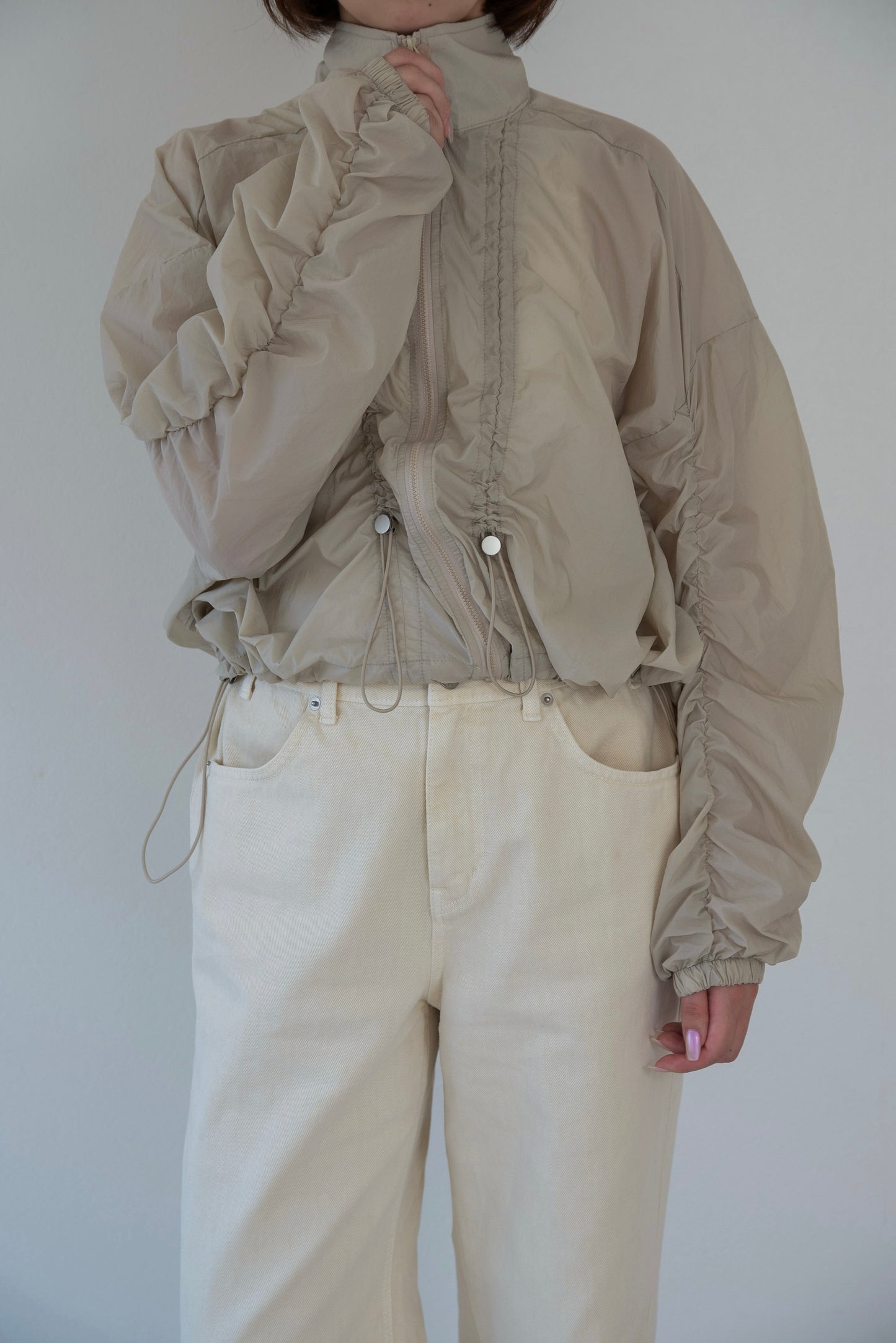 shirred sleeve front drawstring blouson