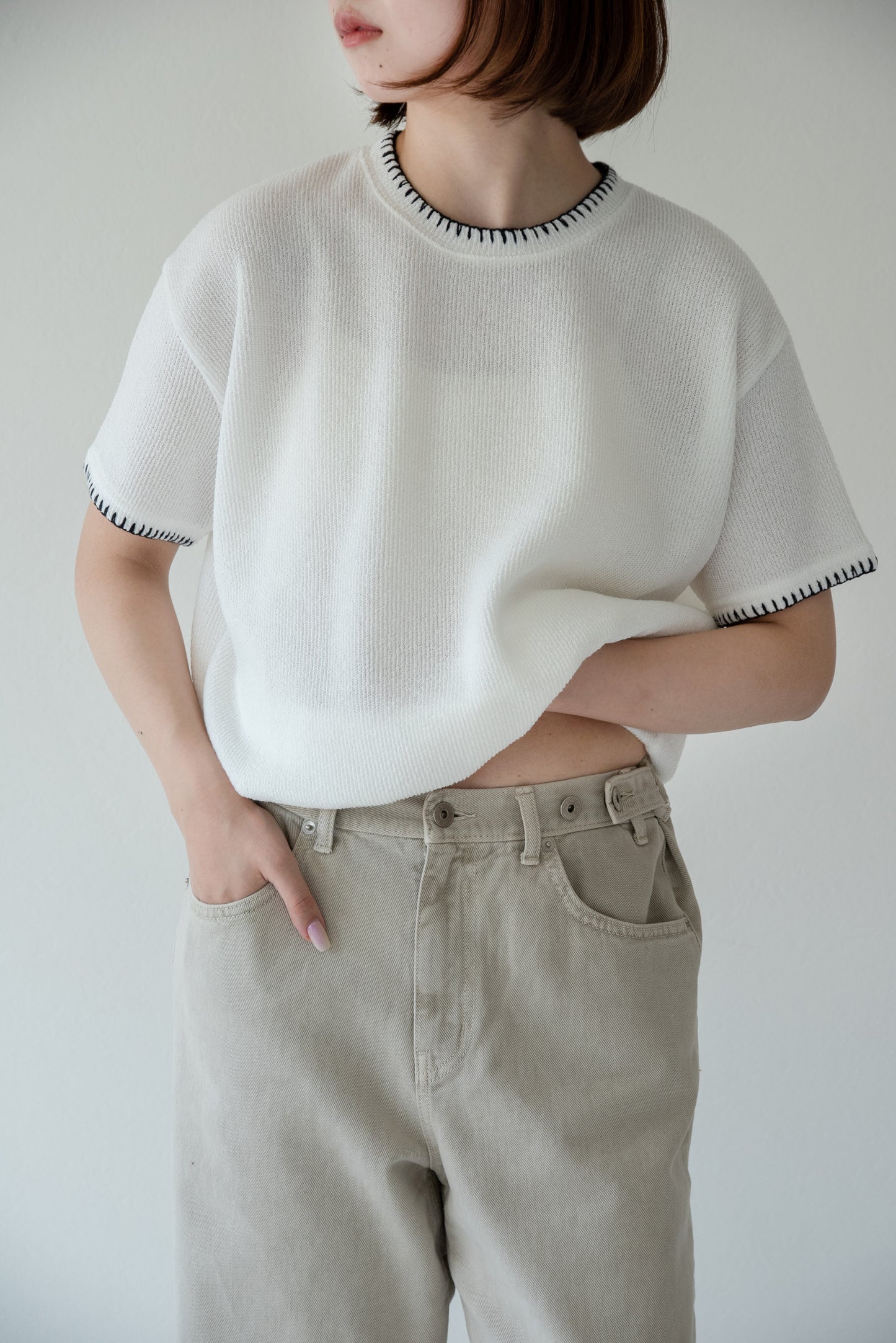 blanket stitch short sleeve knit tops