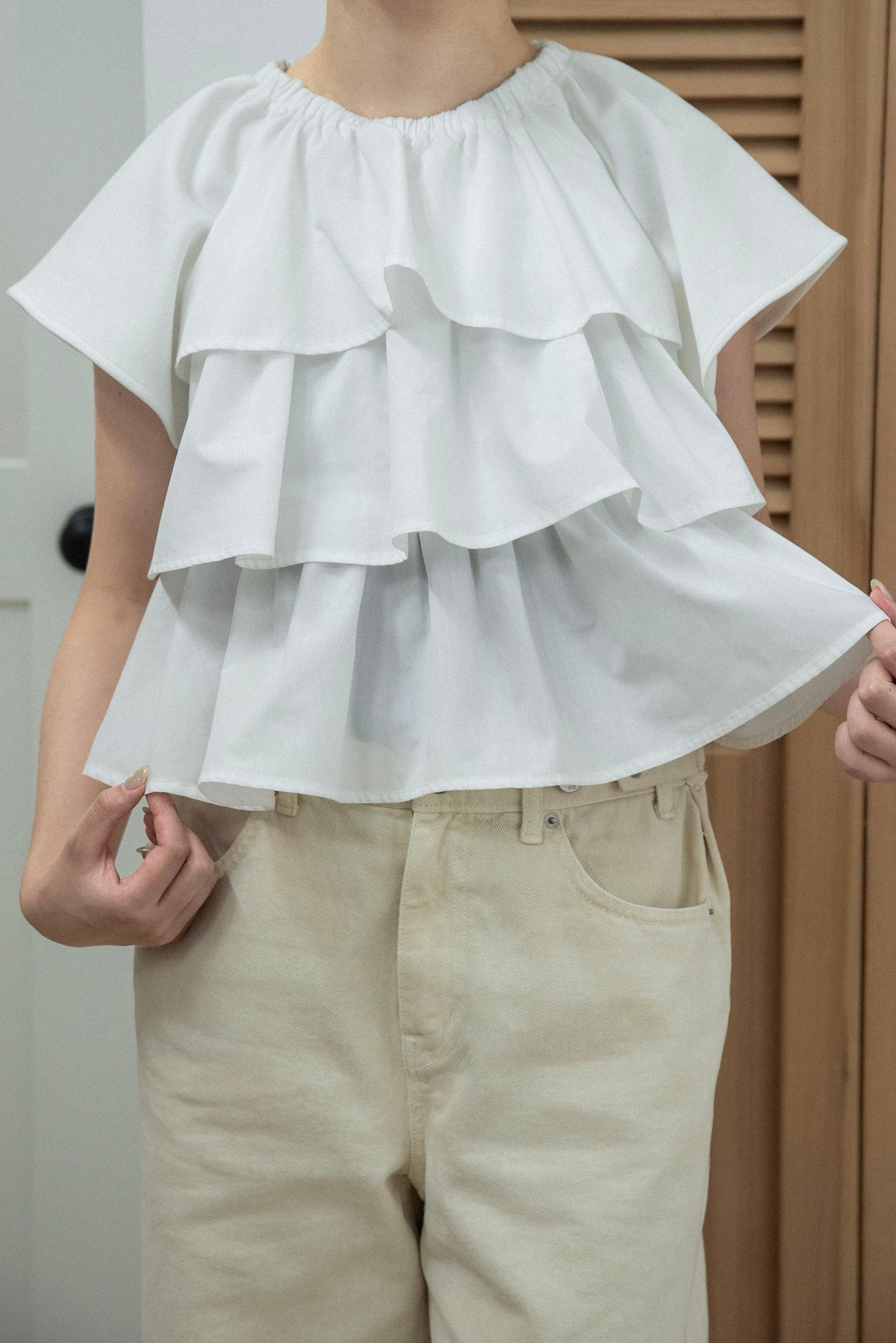 mixed material tiered ruffle tops