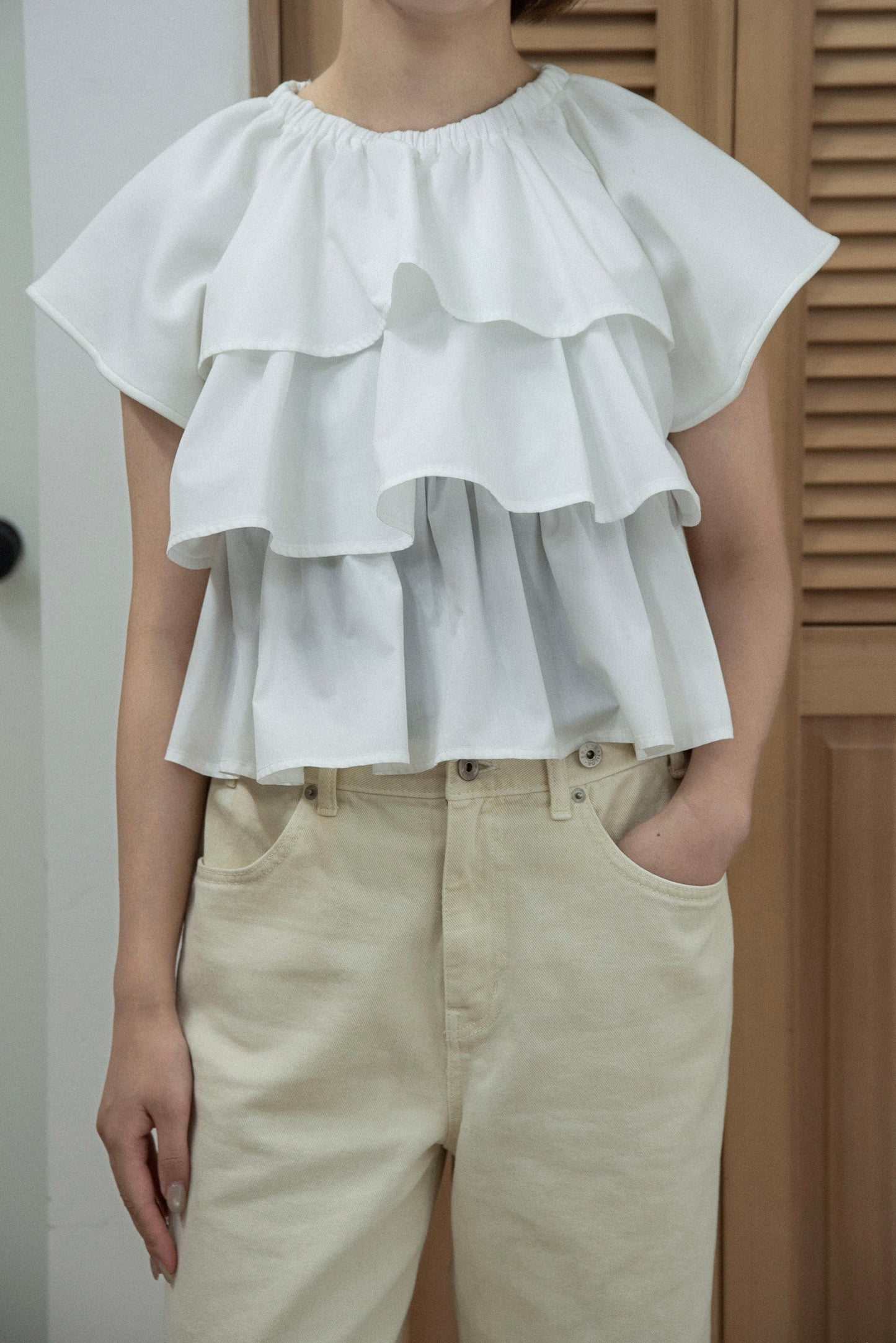 mixed material tiered ruffle tops