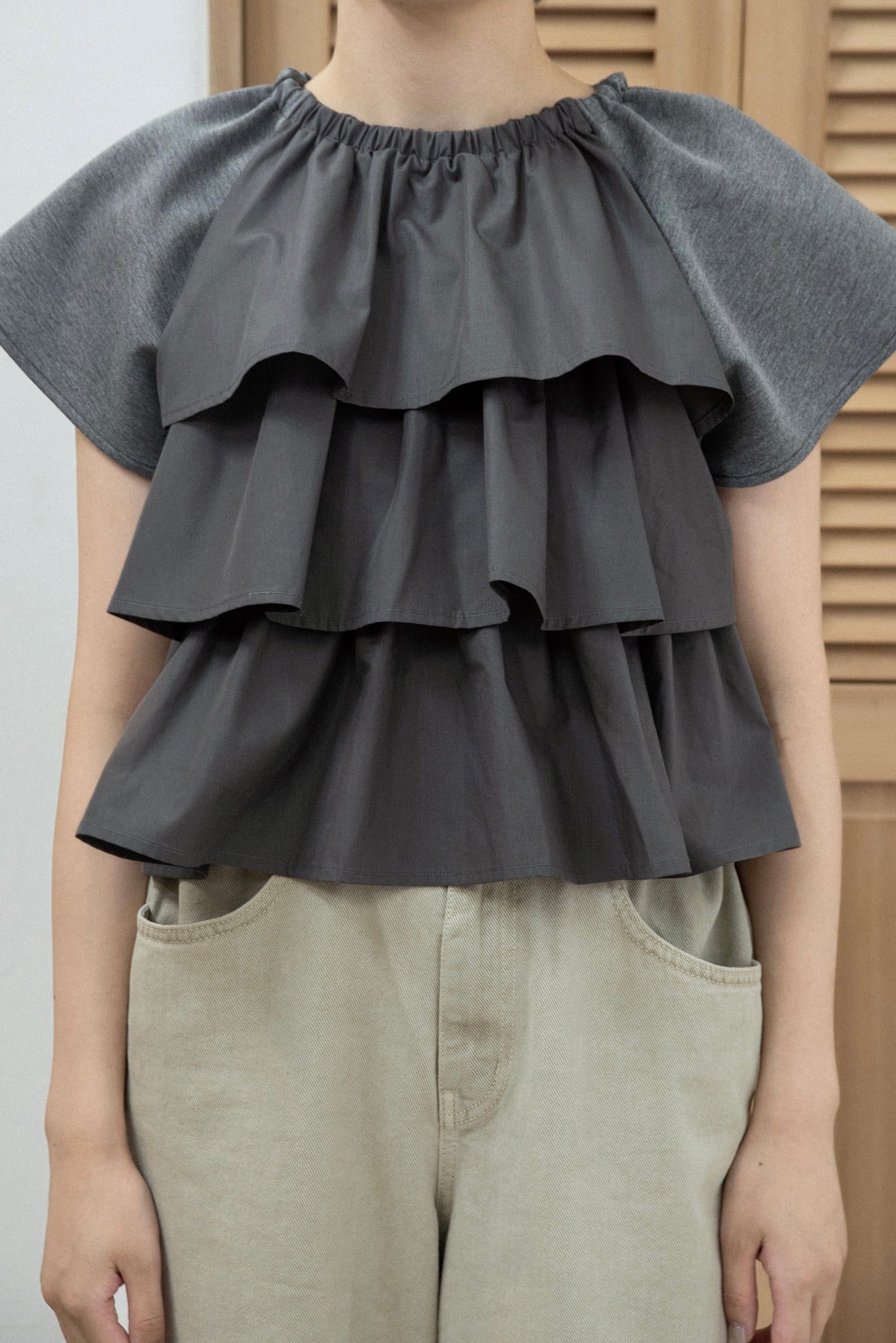 mixed material tiered ruffle tops