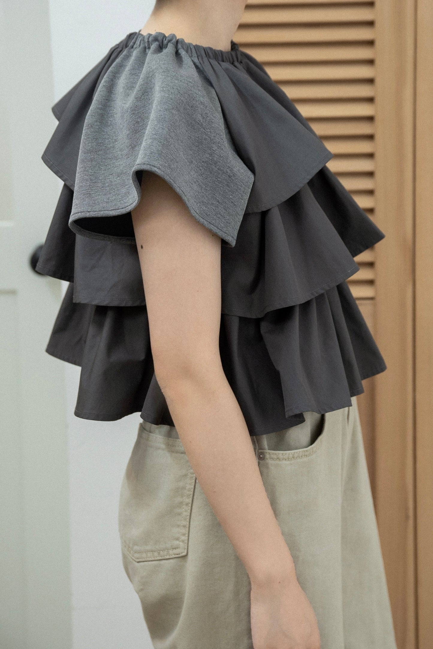 mixed material tiered ruffle tops