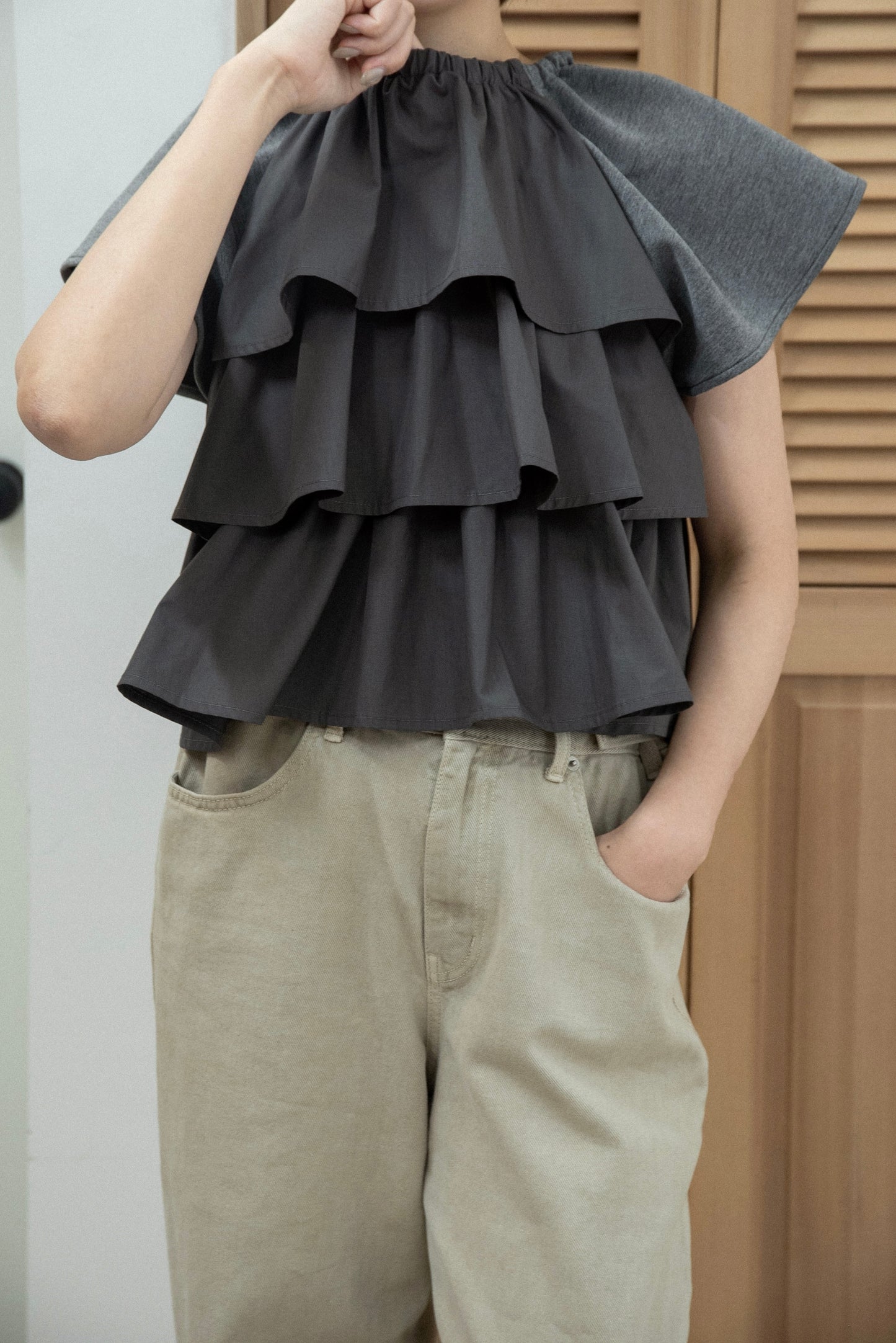 mixed material tiered ruffle tops