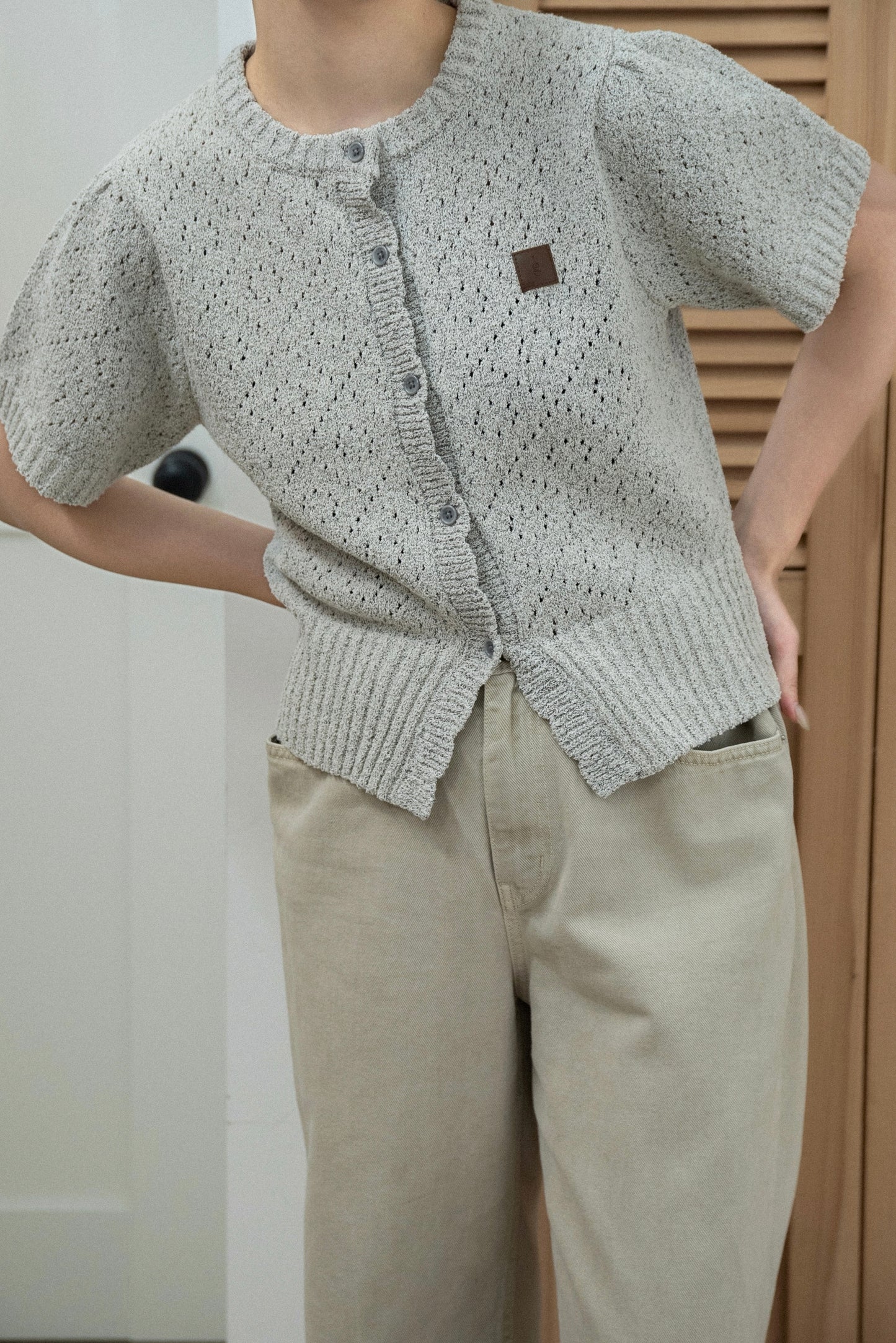 openwork accent patch half sleeve knit