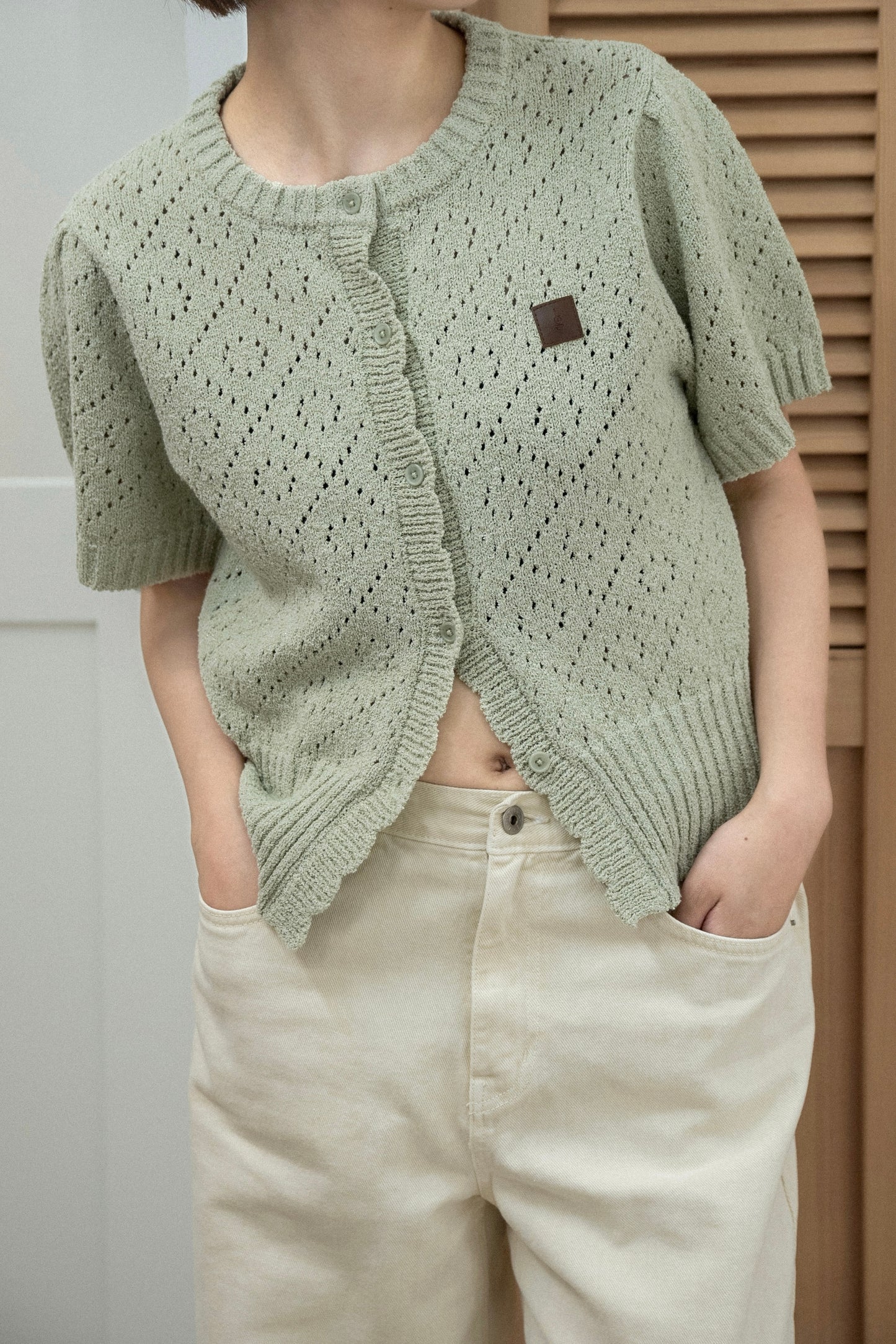 openwork accent patch half sleeve knit