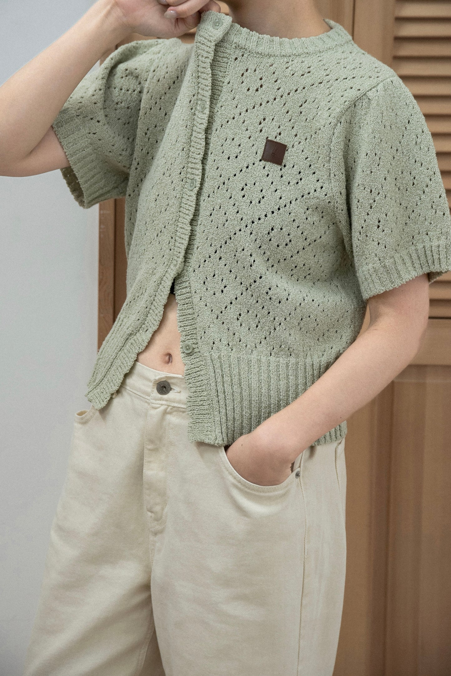 openwork accent patch half sleeve knit