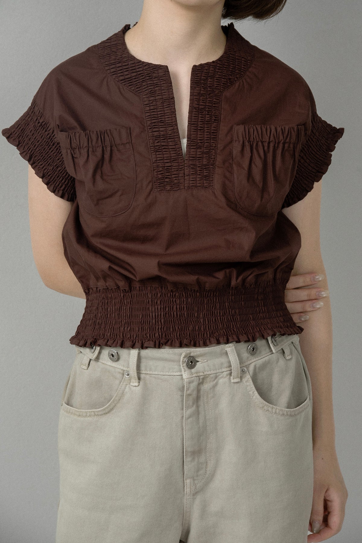 shirring pocket point vest blouse