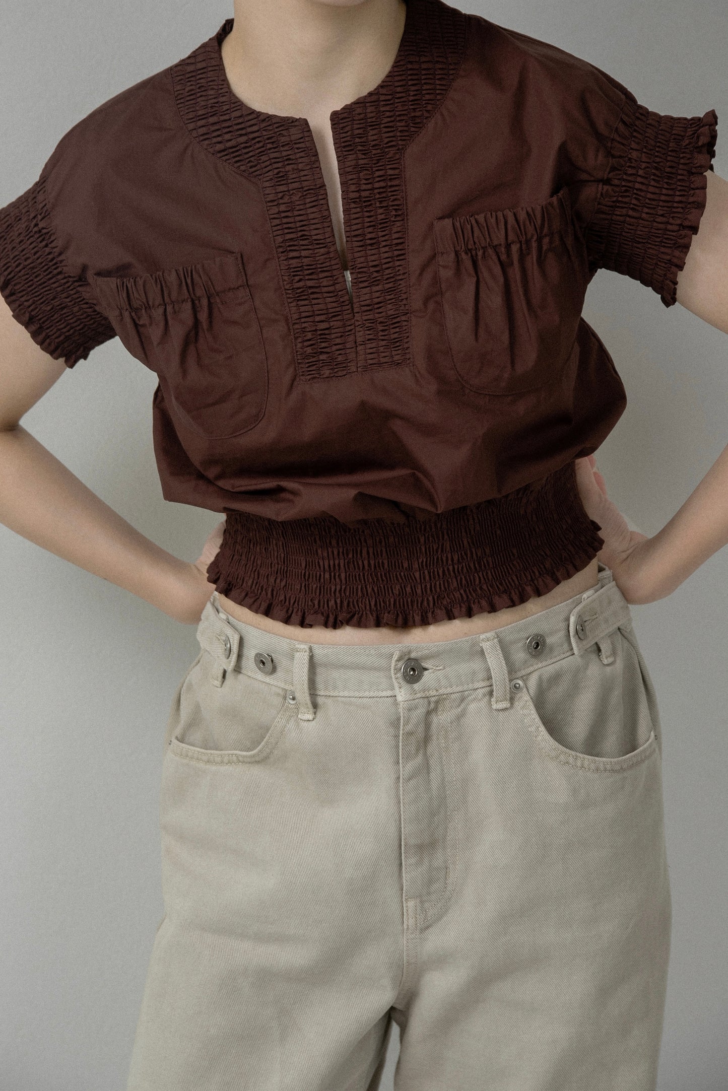 shirring pocket point vest blouse