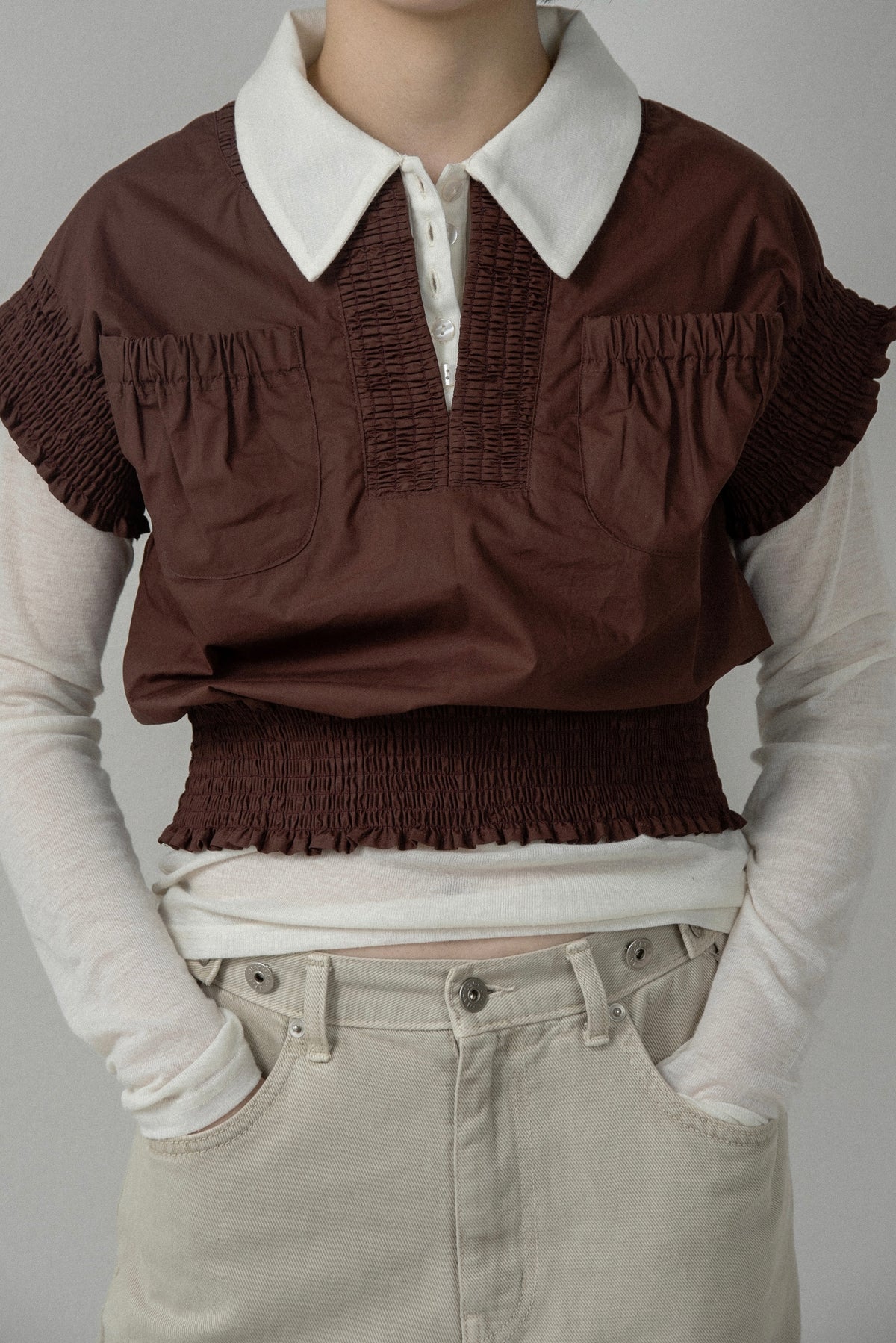 shirring pocket point vest blouse