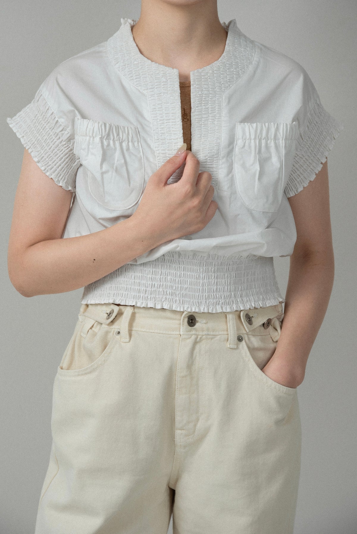 shirring pocket point vest blouse