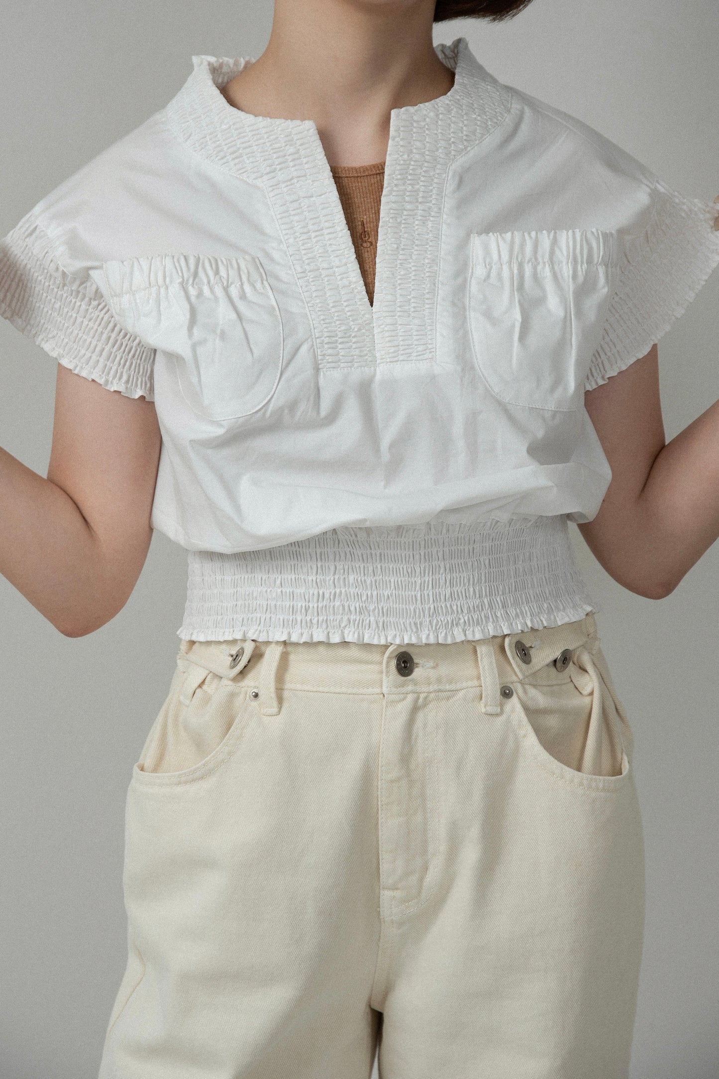 shirring pocket point vest blouse