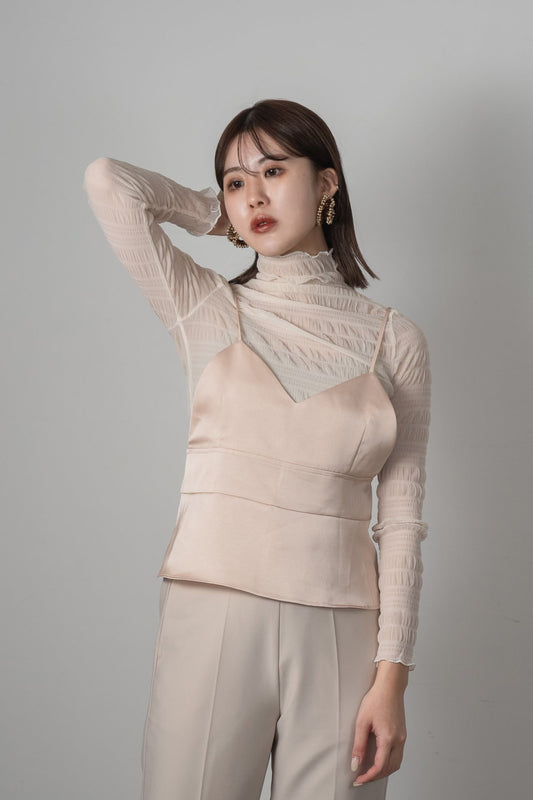 shirring sheer high neck tops